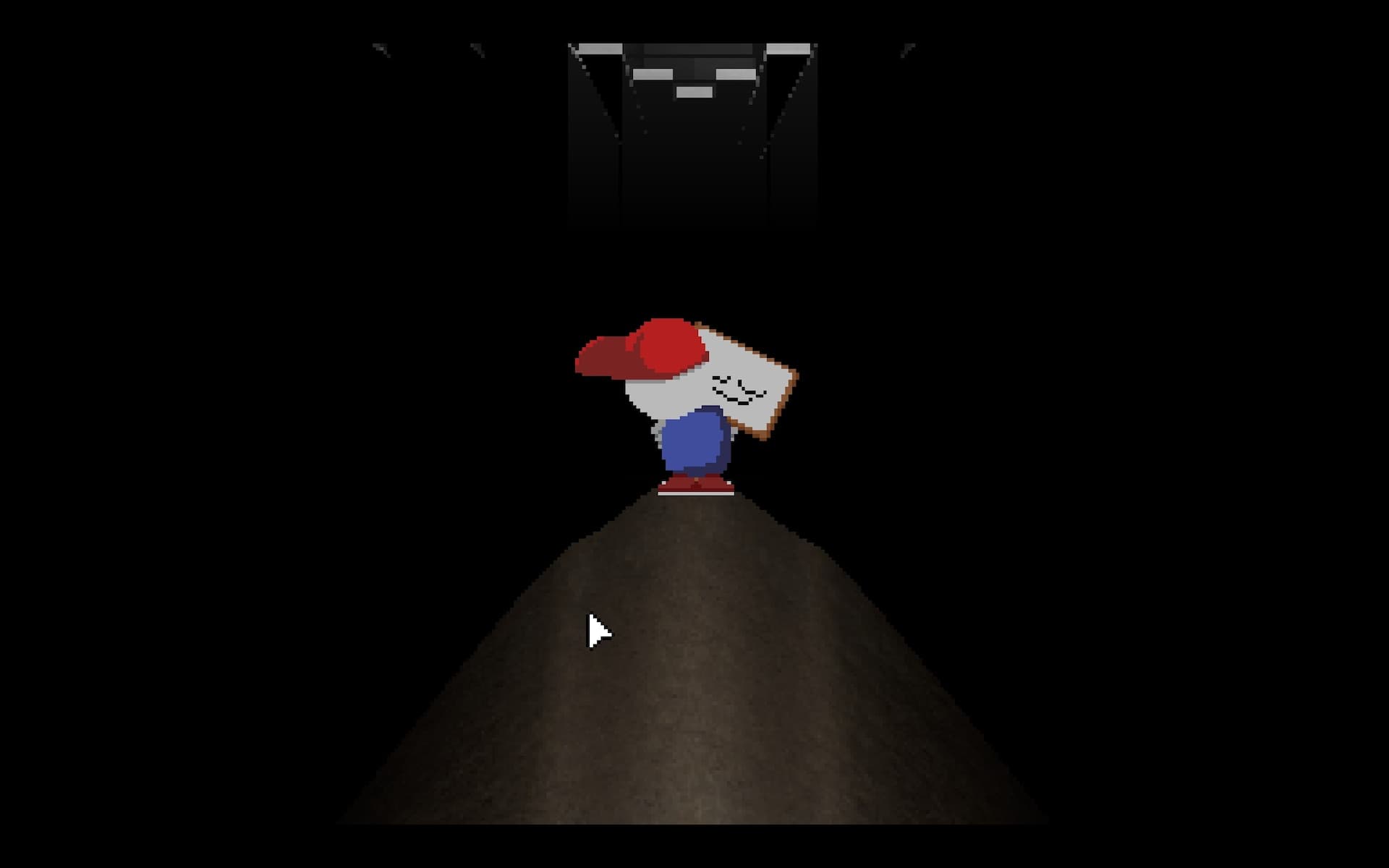 Mellow carrying the flashlight through a dark Endacopia room