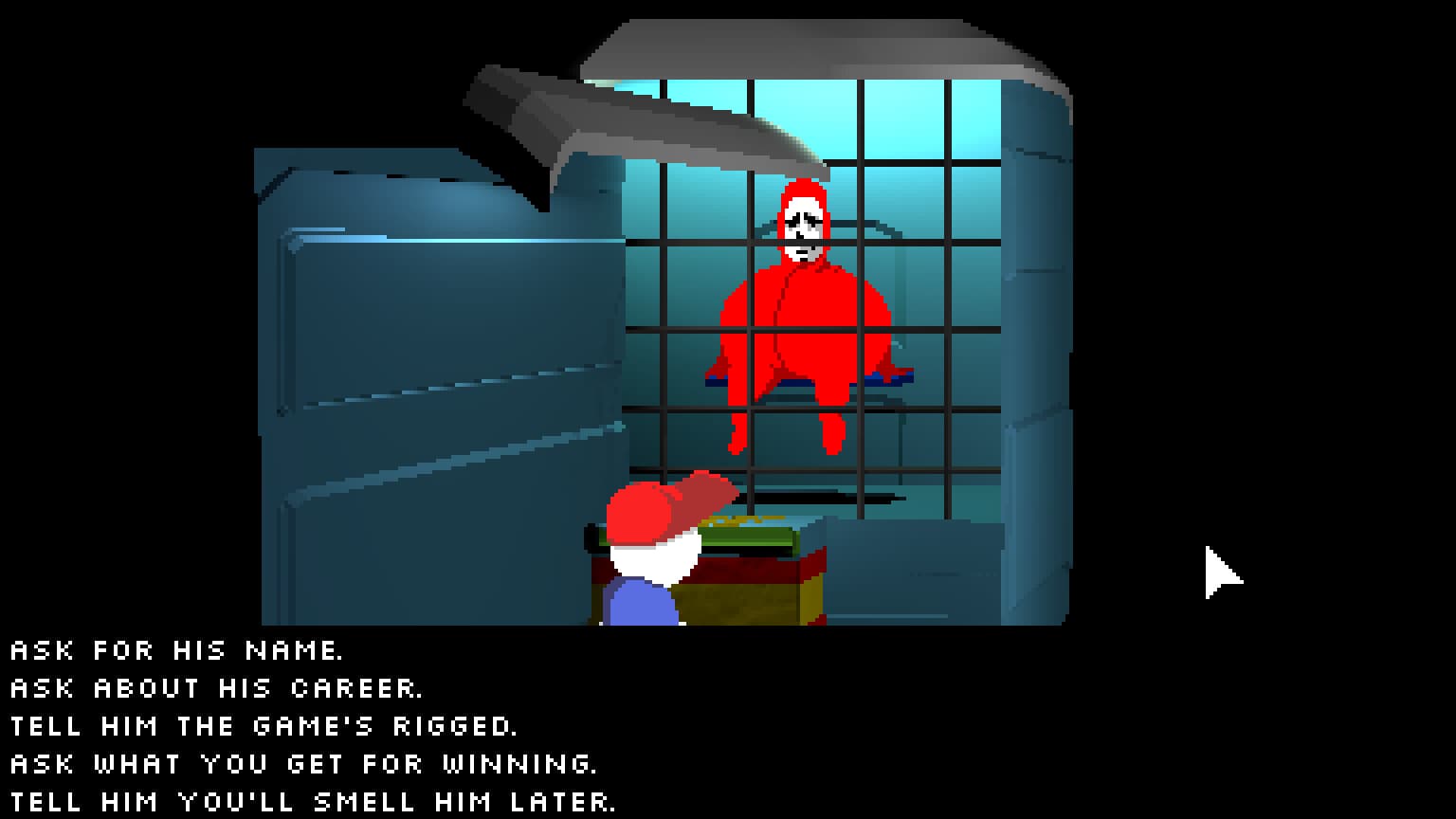 Mellow questioning the red Surgeon behind glass in Endacopia